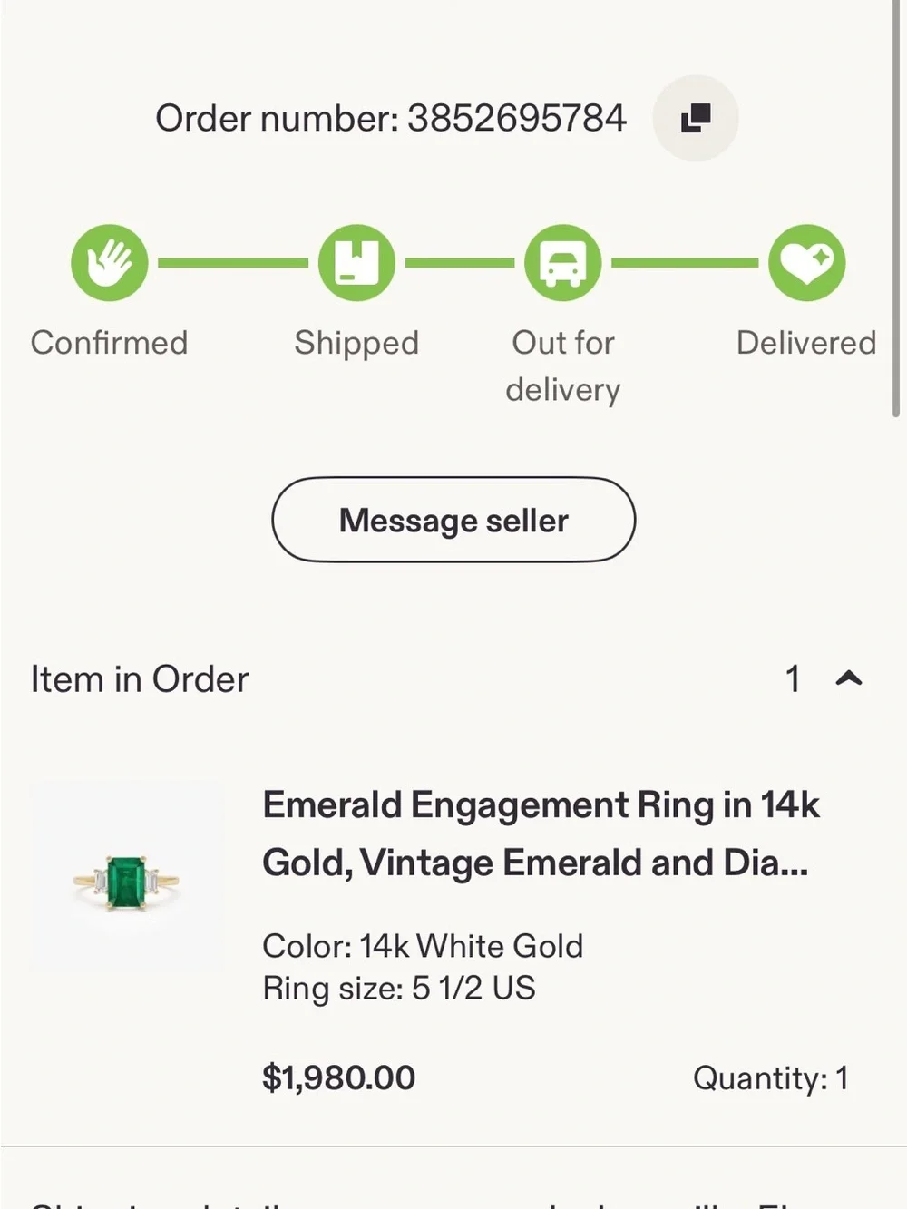 Emerald and diamonds white gold engagement ring set, size 5.5